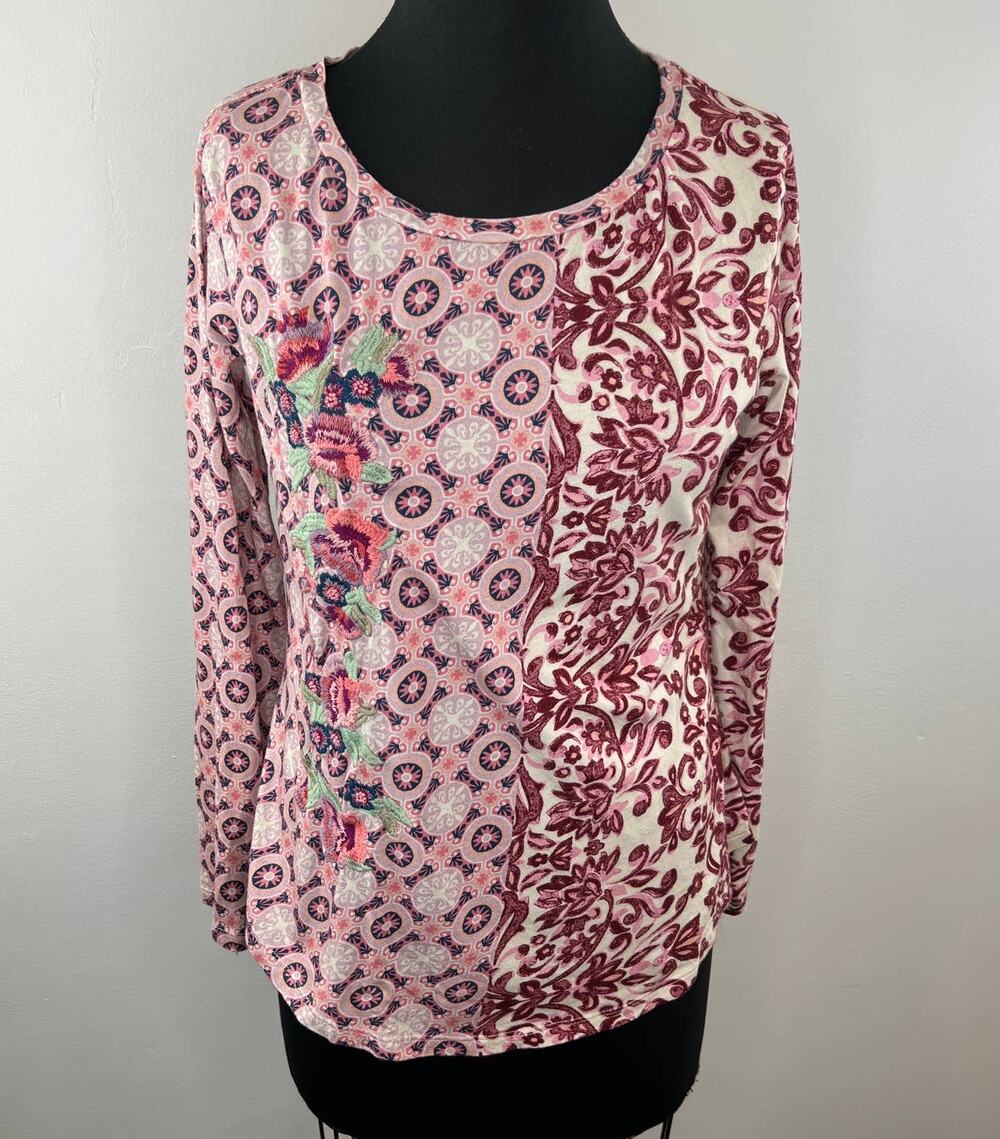 SUNDANCE Pink Celebration Soft Jersey Boho Tee Top Patchwork Embroidered M
